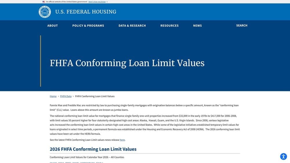 Screenshot of FHFA Conforming Loan Limit Lookup website