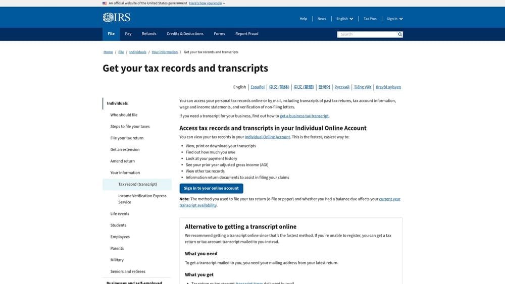 Screenshot of IRS Get Transcript website